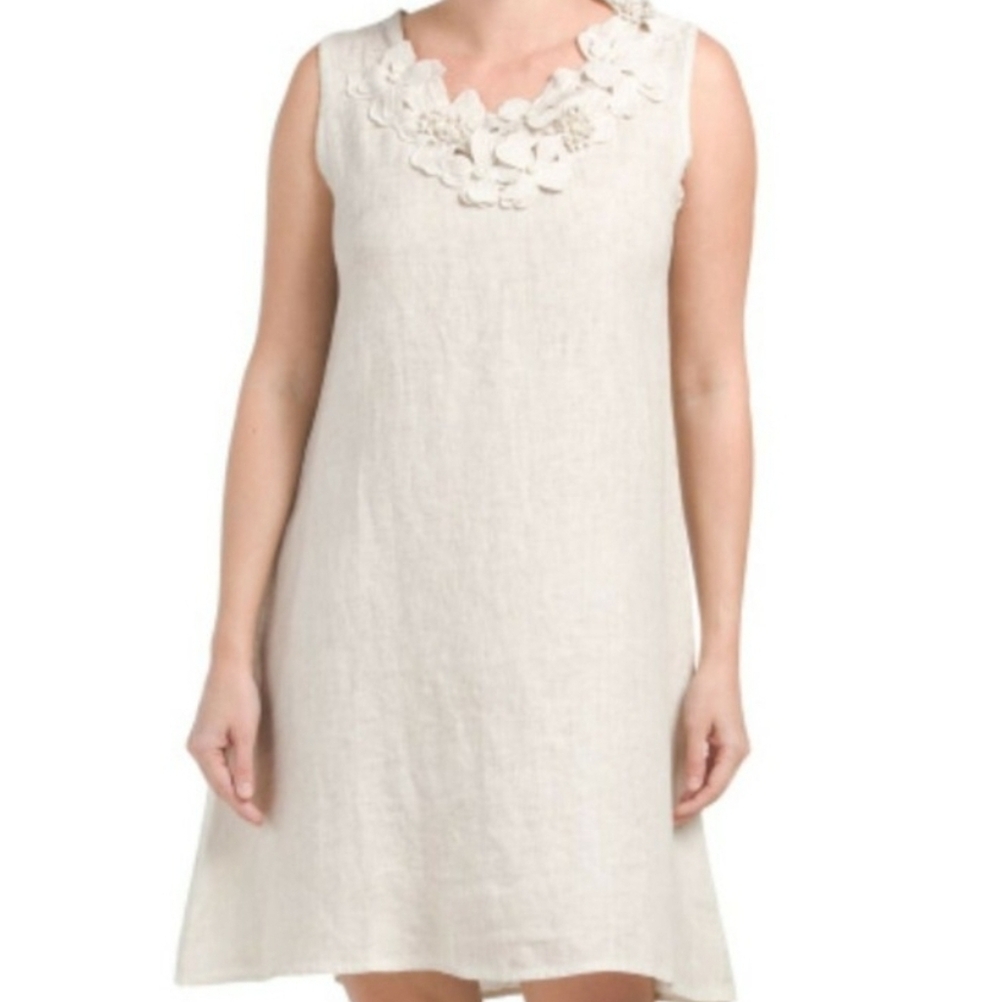 Rosemarine Italian Linen Dress 3X Floral Appliqué Beige Lagenlook Coastal